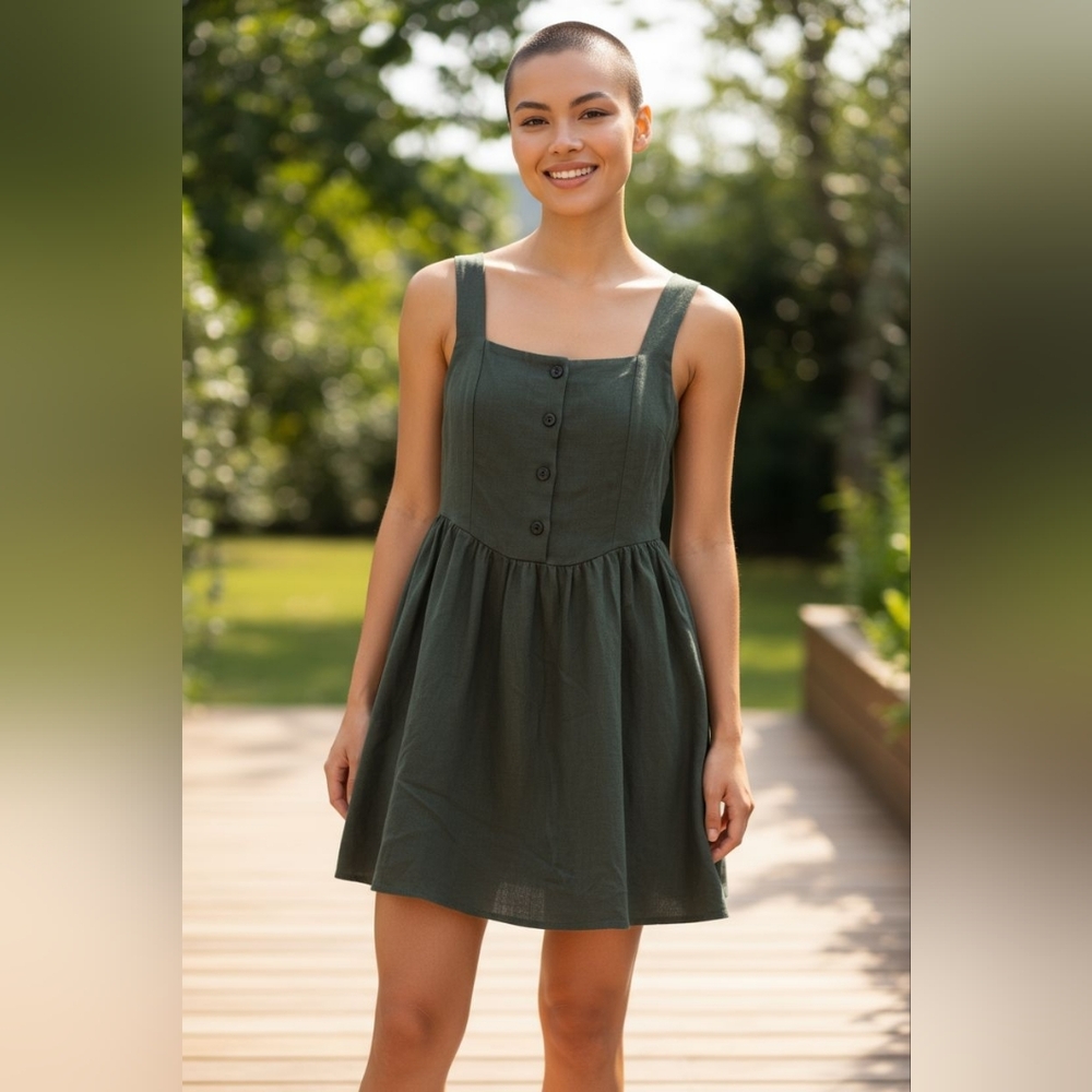 Lin Mélangé Sleeveless Dress with Button Accents